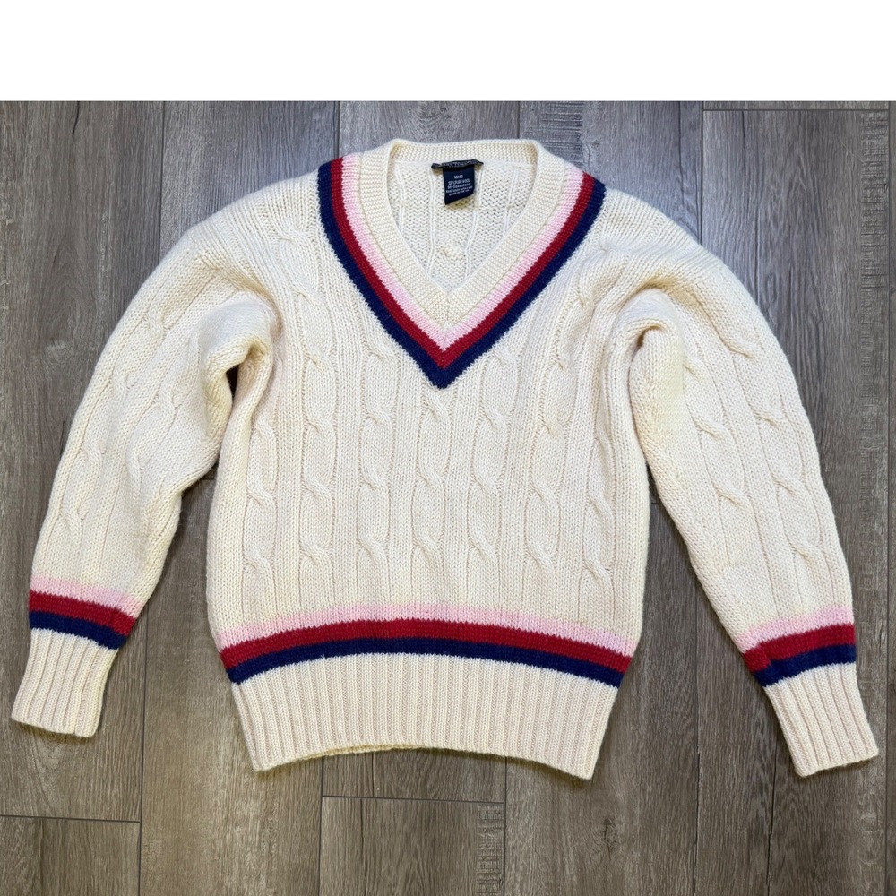 Smart Turnout London Pure Wool Cable Knit Cricket Sweater Cream V-Neck Medium